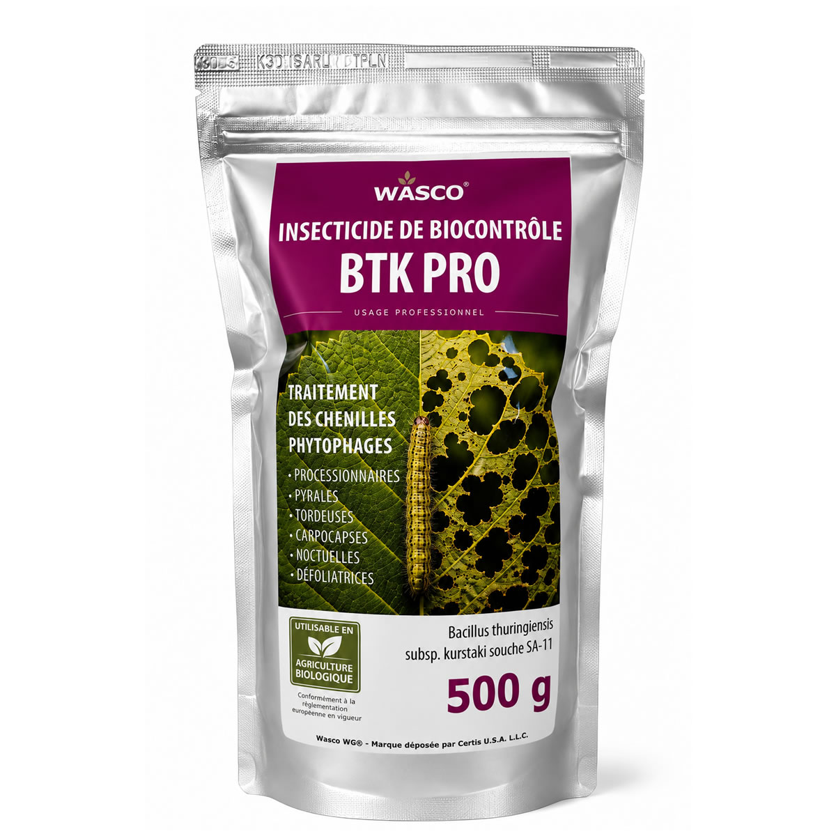 Insecticide biologique BTK de biocontrôle contre les chenilles phytophages (pyrale du buis, chenilles processionnaires, ...), WASCO BTK PRO - Sachet de 500g