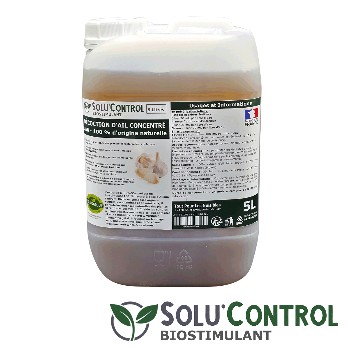 Décoction d’Ail Solu’Control – Concentré UAB – Biostimulant Naturel – Aide à Prévenir les Maladies Fongiques et contre Insectes Piqueurs - Flacon de 5L