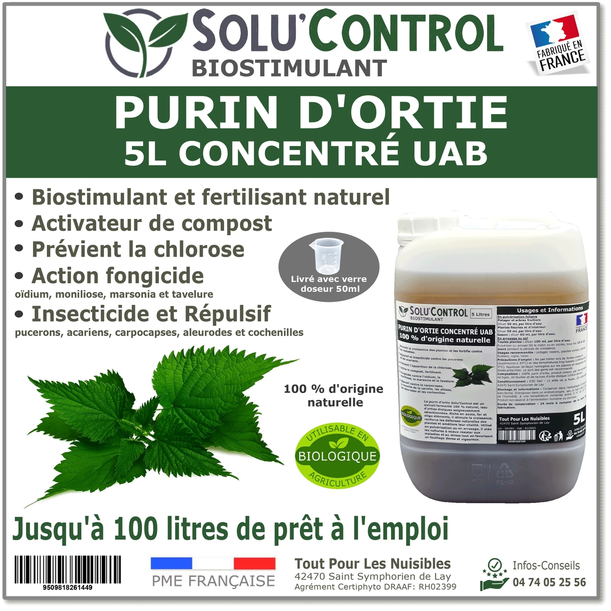 Purin d’Ortie Naturel Solu’Control UAB – Fongicide & Insecticide Végétal – Stimule la Croissance et Renforce les Plantes - Flacon de 5L